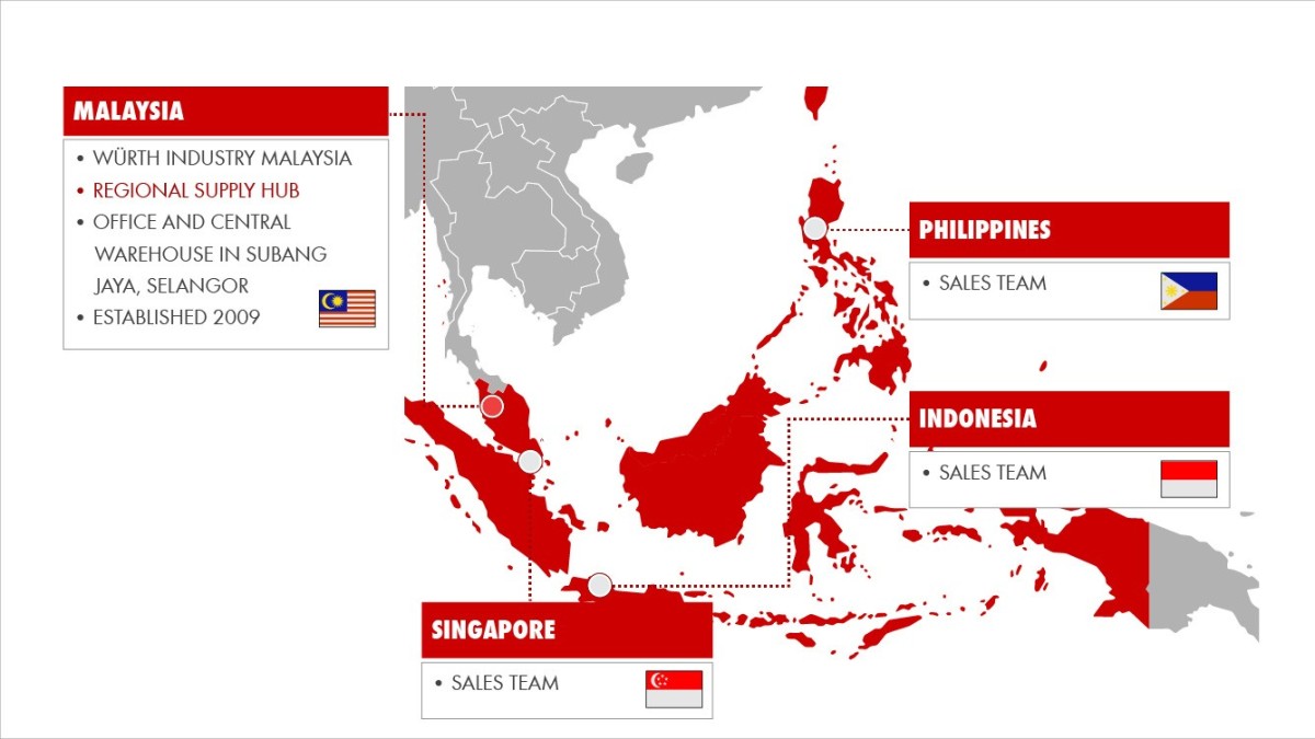 Discover Würth Industrial Services Malaysia's operational regions, including key industrial hubs in Gebeng and Kuantan, supporting Malaysia, Singapore, Vietnam, Indonesia and the Philippines